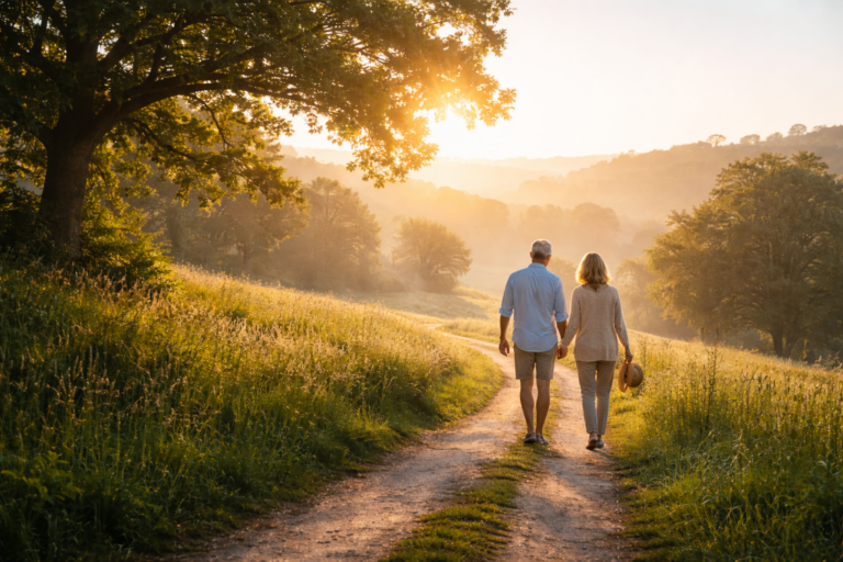 A couple in their 50s walking hand in hand down a sunlit path through a grassy landscape, symbolizing the transition and considerations of retiring before age 65.