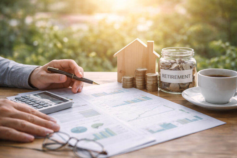 Hands reviewing financial documents with a calculator, coins, and a coffee cup on a wooden table, representing thoughtful retirement and tax planning.