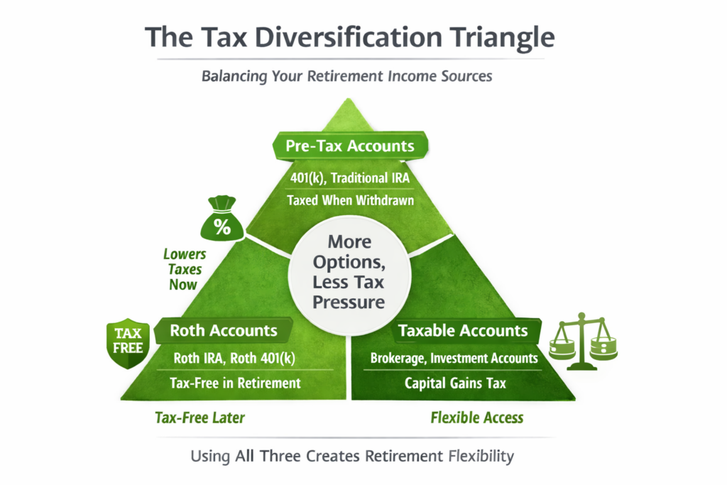 Tax diversification triangle showing three retirement account types—pre-tax accounts, Roth accounts, and taxable brokerage accounts—illustrated as a green triangle to explain how balancing different tax treatments creates flexibility and reduces tax pressure in retirement.