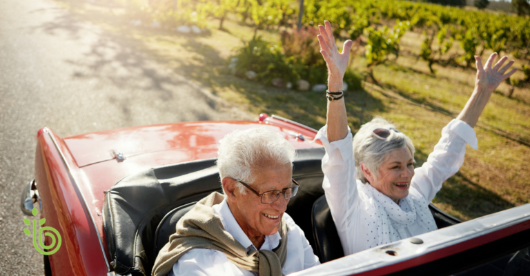 Retired couple enjoying life in a corvette driving through wine country in the Shenandoah Valley