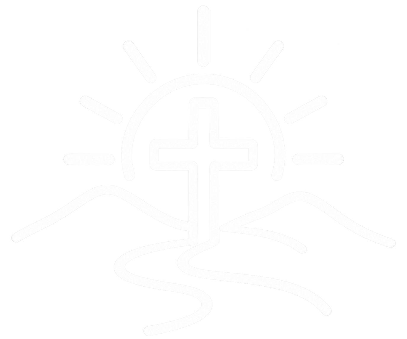 White outline of a cross with a rising sun, mountains, and a winding path, representing faith and spiritual guidance.