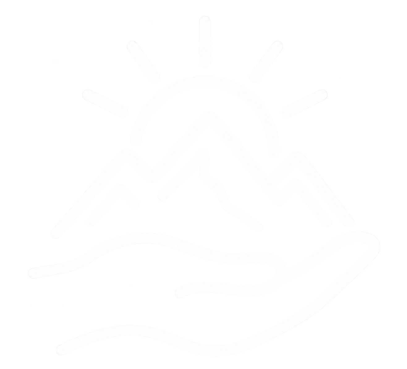 White outline of a hand supporting mountains and a rising sun, representing meaningful work and purpose.