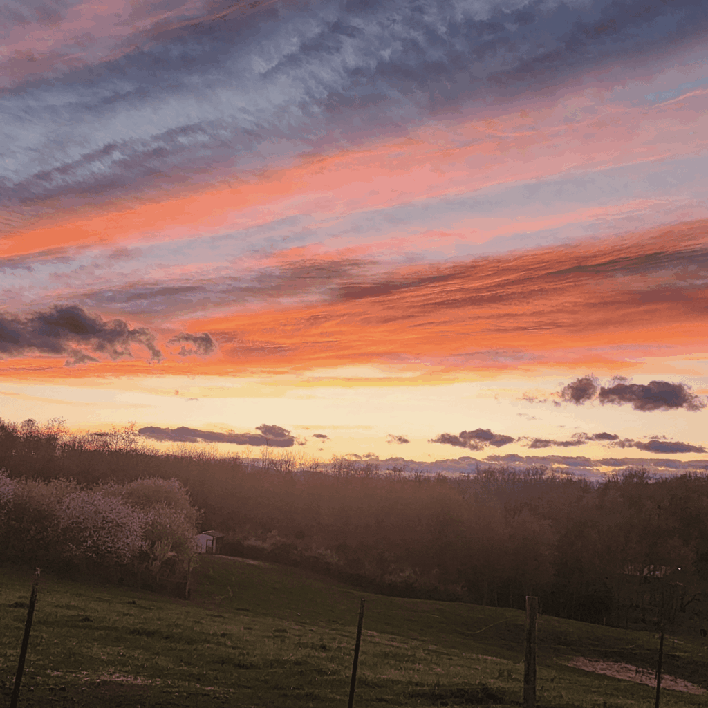 Vibrant pink, orange, and purple sunset over rolling hills and trees at Kassi Redifer’s home in Staunton, Virginia.