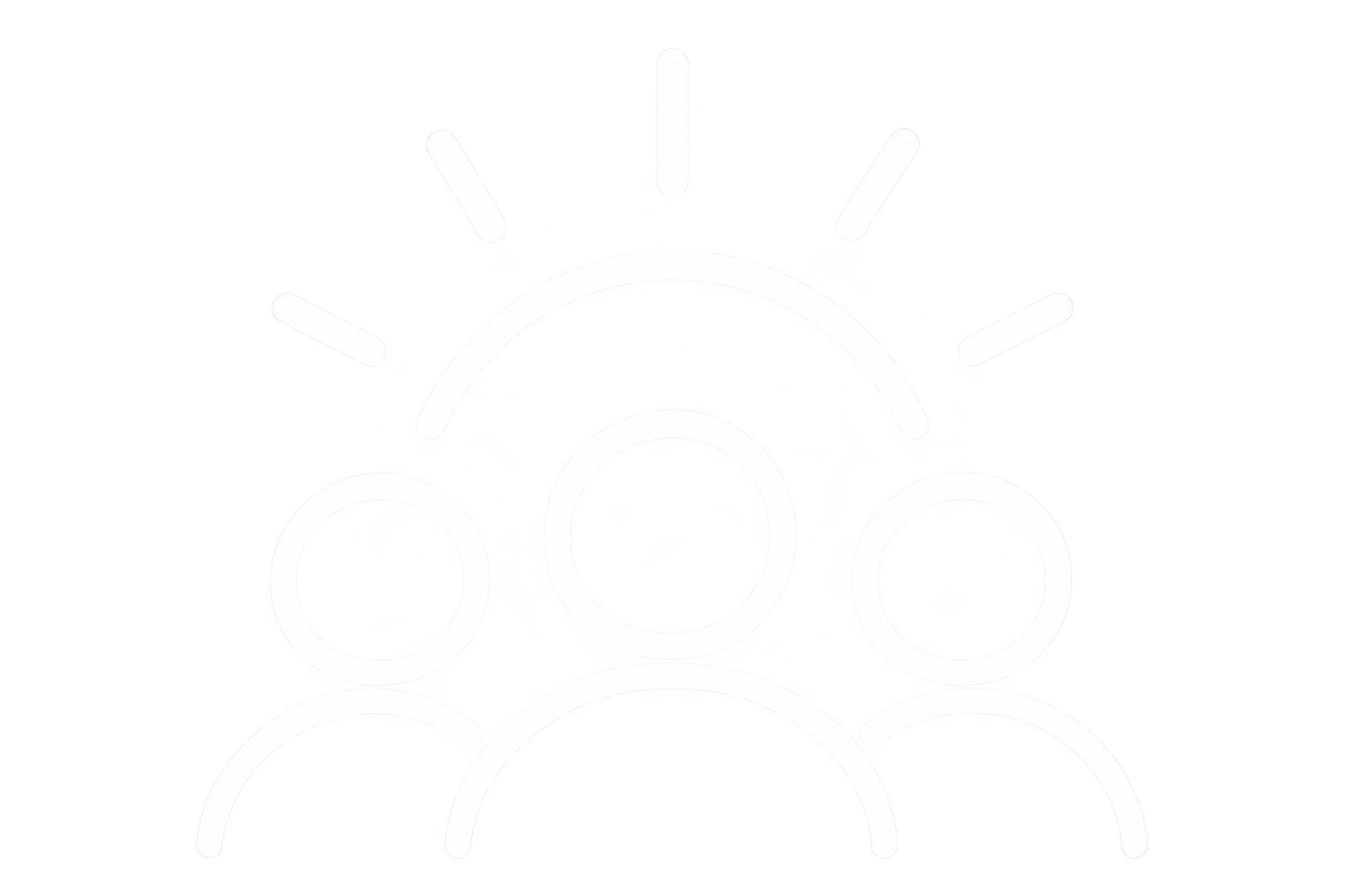 White outline of three people beneath a rising sun, representing diversity and inclusion.