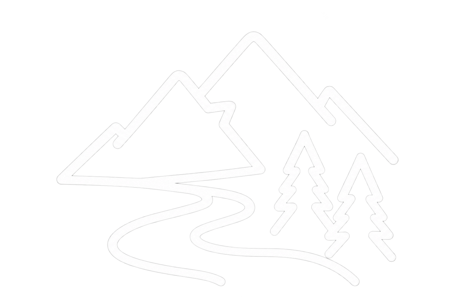 White outline of mountains, evergreen trees, and a winding trail representing environmental stewardship.