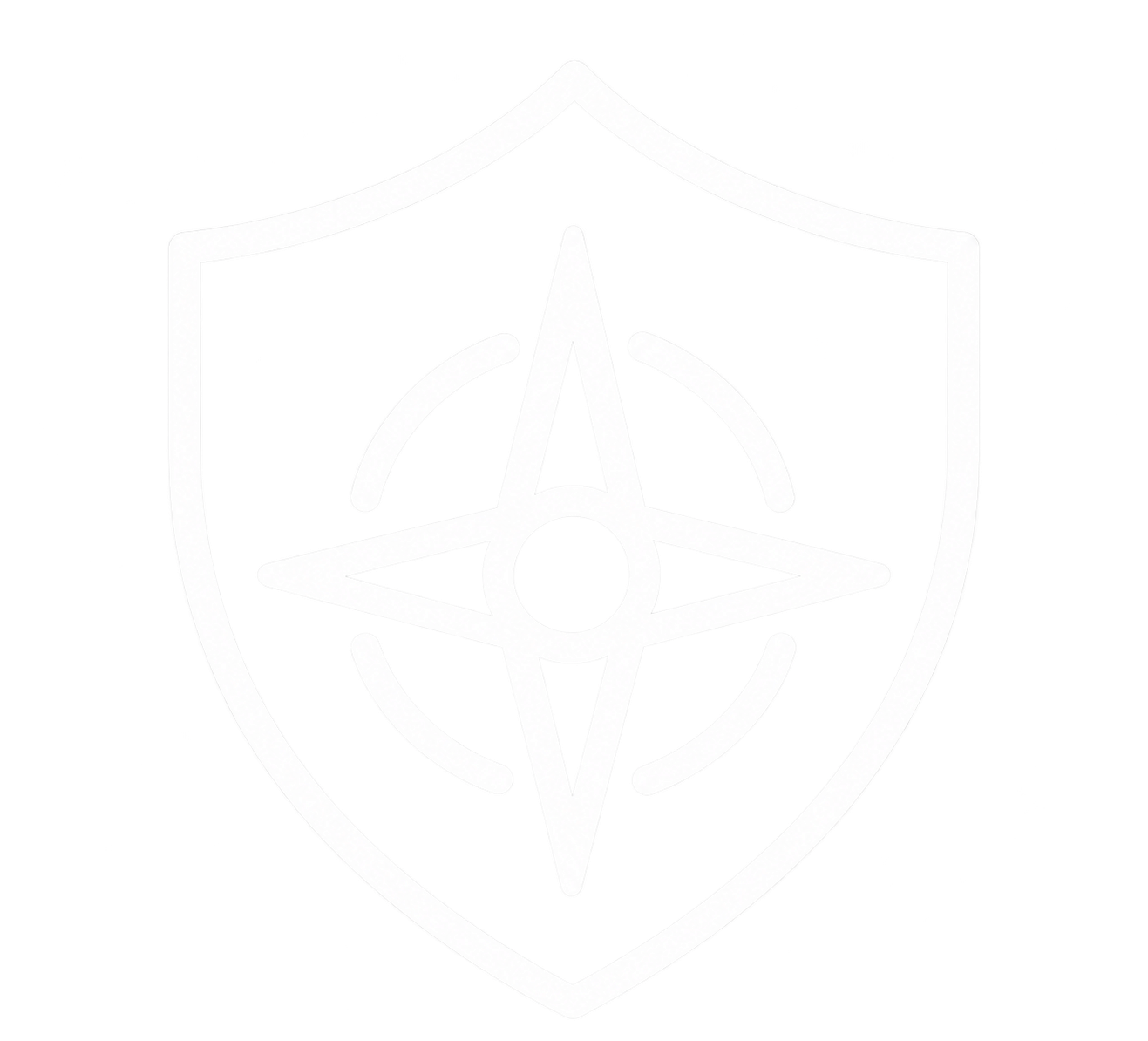 White outline of a shield containing a compass rose, representing integrity and principled decision-making.