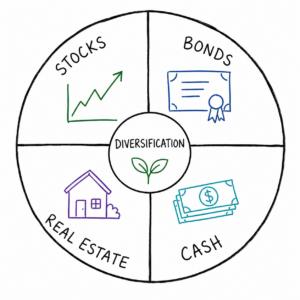 Illustration of a diversified investment portfolio using multiple asset classes, including U.S. stocks, international stocks, bonds, cash, real estate, and alternative investments, arranged to show balance and diversification.