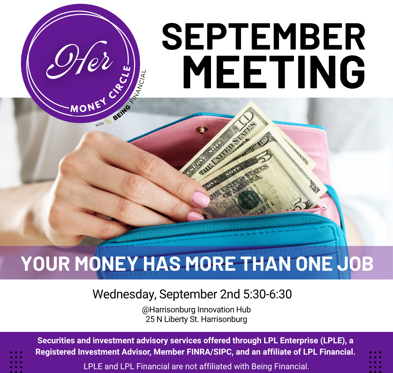 Her Money Circle September meeting graphic for “Your Money Has More Than One Job” on September 2 at the Harrisonburg Innovation Hub.