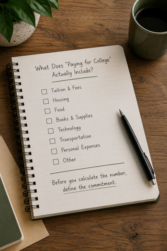 College expense checklist including tuition, housing, food, books, technology, transportation, and personal expenses.