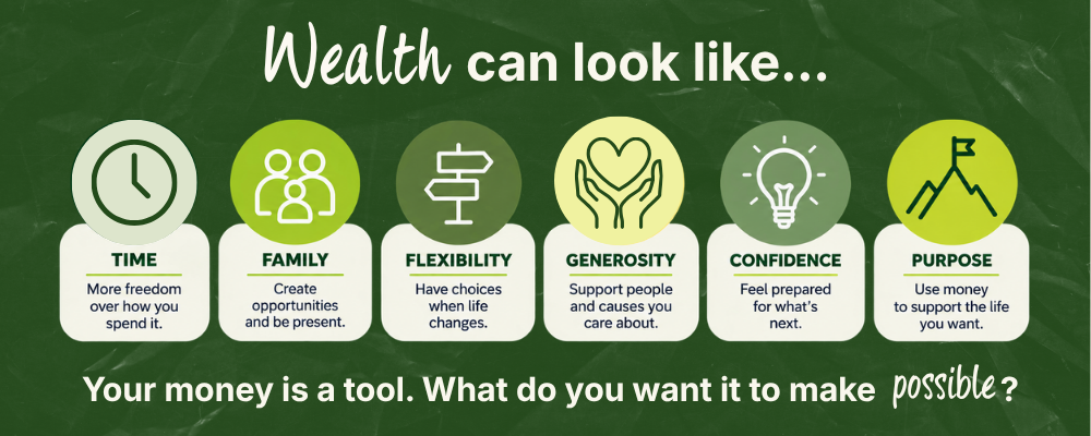 Illustration showing different meanings of wealth, including time, family, flexibility, generosity, security and purpose.