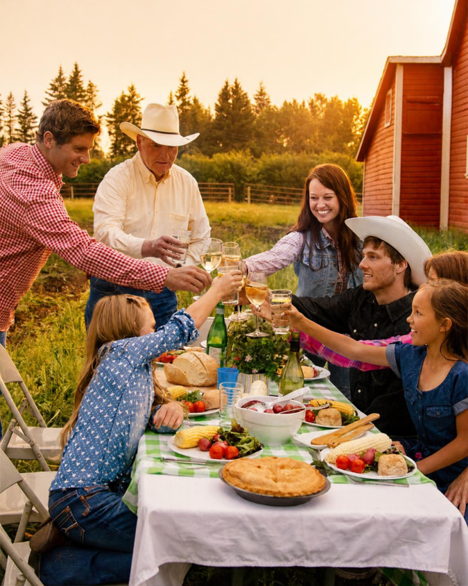 Multiple generations gathered around an outdoor dinner table on a farm, sharing a meal and raising their glasses.